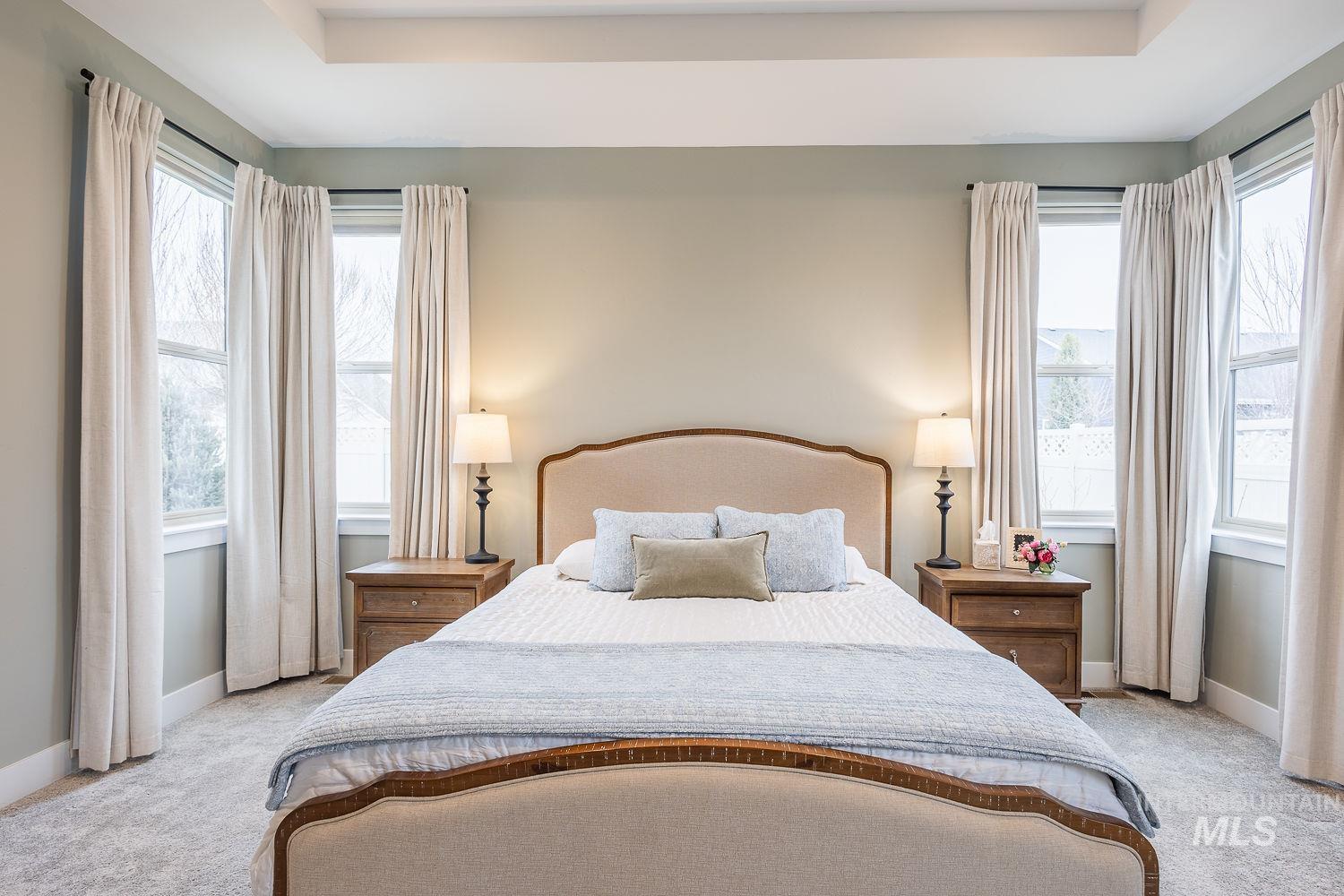 4078 West Wapoot Street Meridian, ID 83646 - Photo 19 of 46 Bedroom with light colored carpet and a raised ceiling