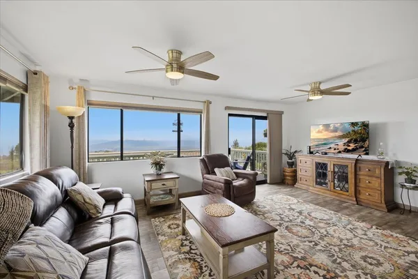 a living room with furniture a ceiling fan and a rug
