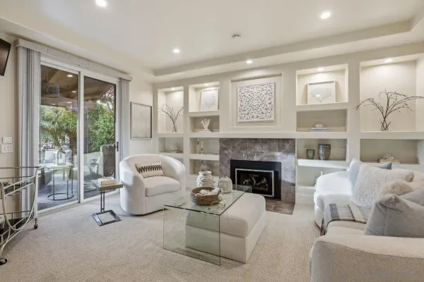 a living room with furniture and a fireplace