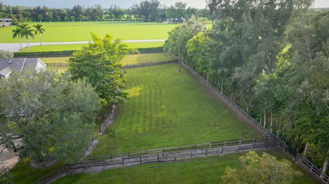 an aerial view of a house with swimming pool and large trees