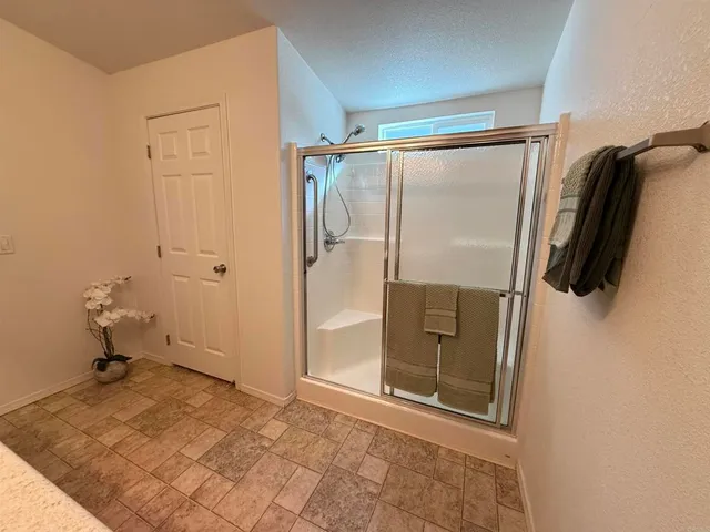 a bathroom with a shower and a toilet