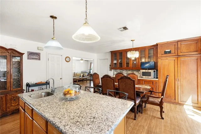 a view of a dining room with furniture