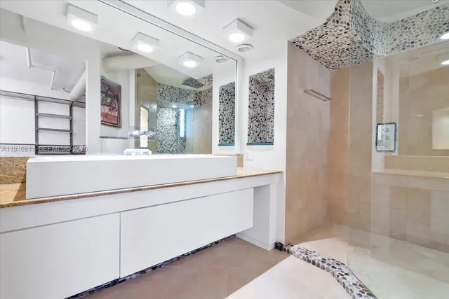 a bathroom with a shower curtain