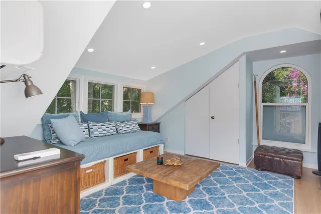 a living room with furniture and a table