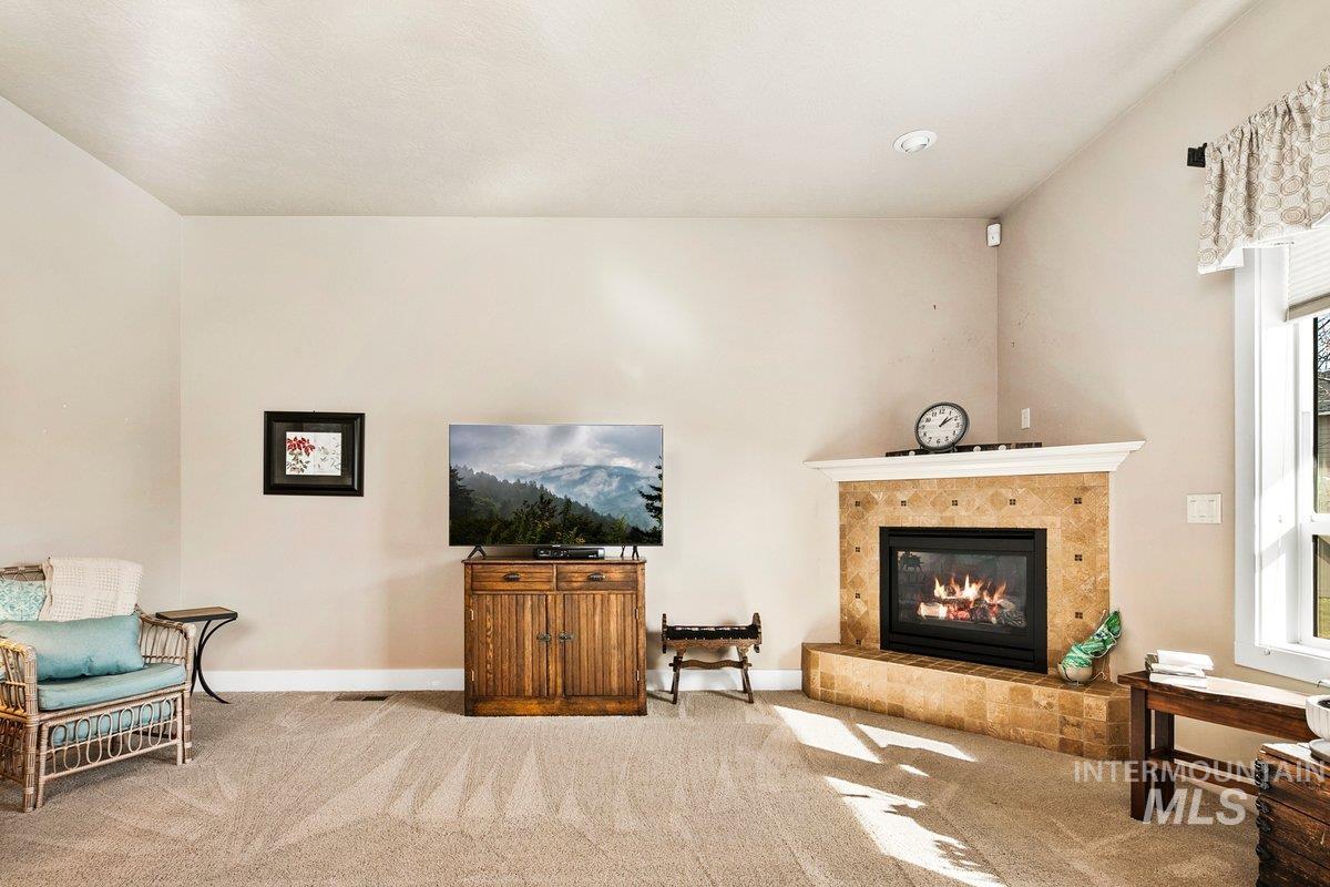 1213 West Lowry Street Meridian, ID 83646 - Photo 11 of 38 Living area featuring carpet flooring and a fireplace