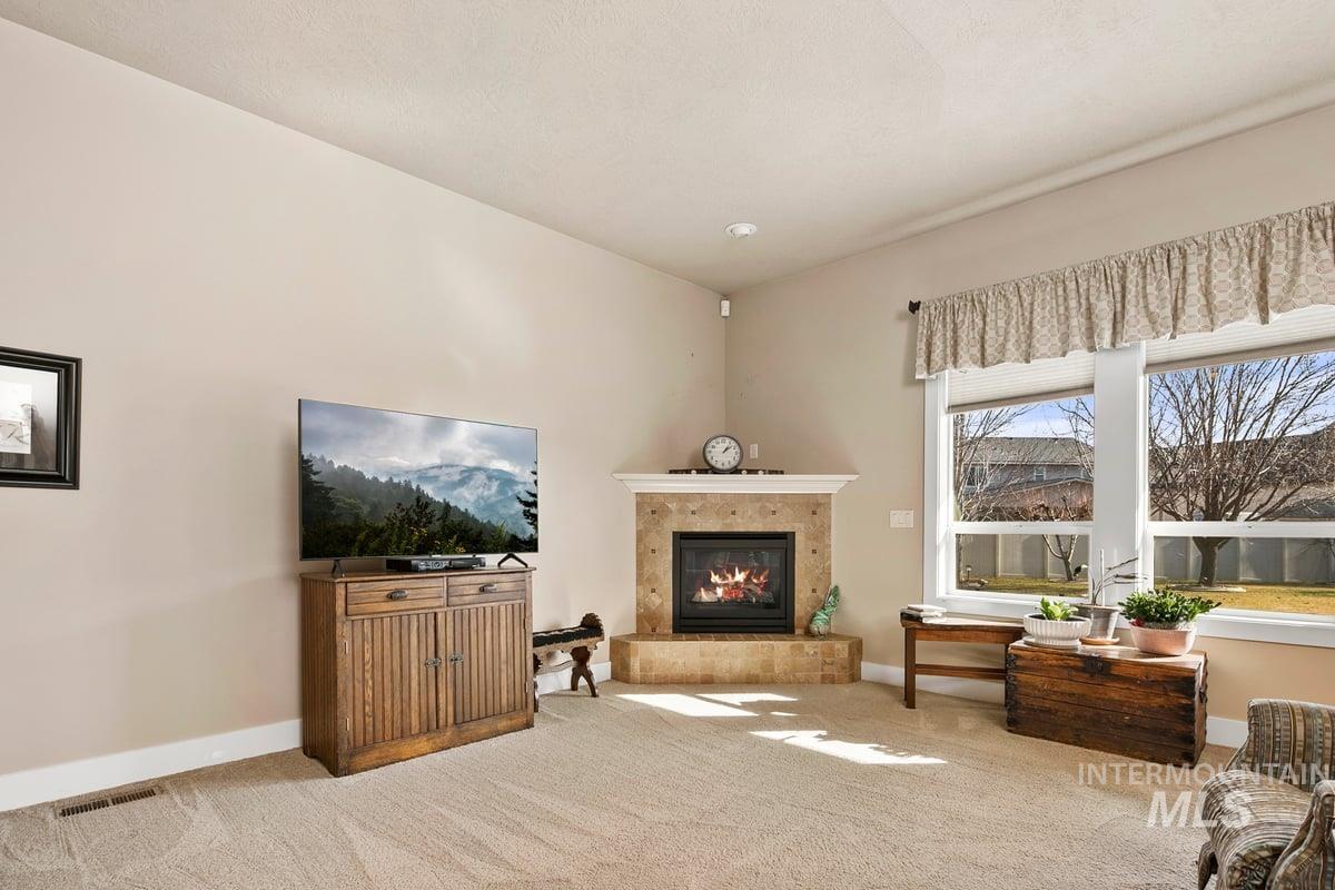 1213 West Lowry Street Meridian, ID 83646 - Photo 10 of 38 Living room featuring a glass covered fireplace and carpet flooring