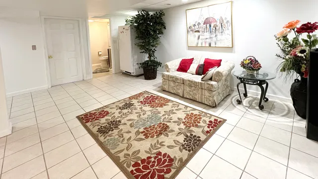 a living room with a couch and a potted plant
