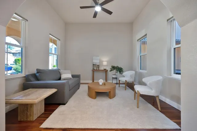 a living room with furniture and a potted plant