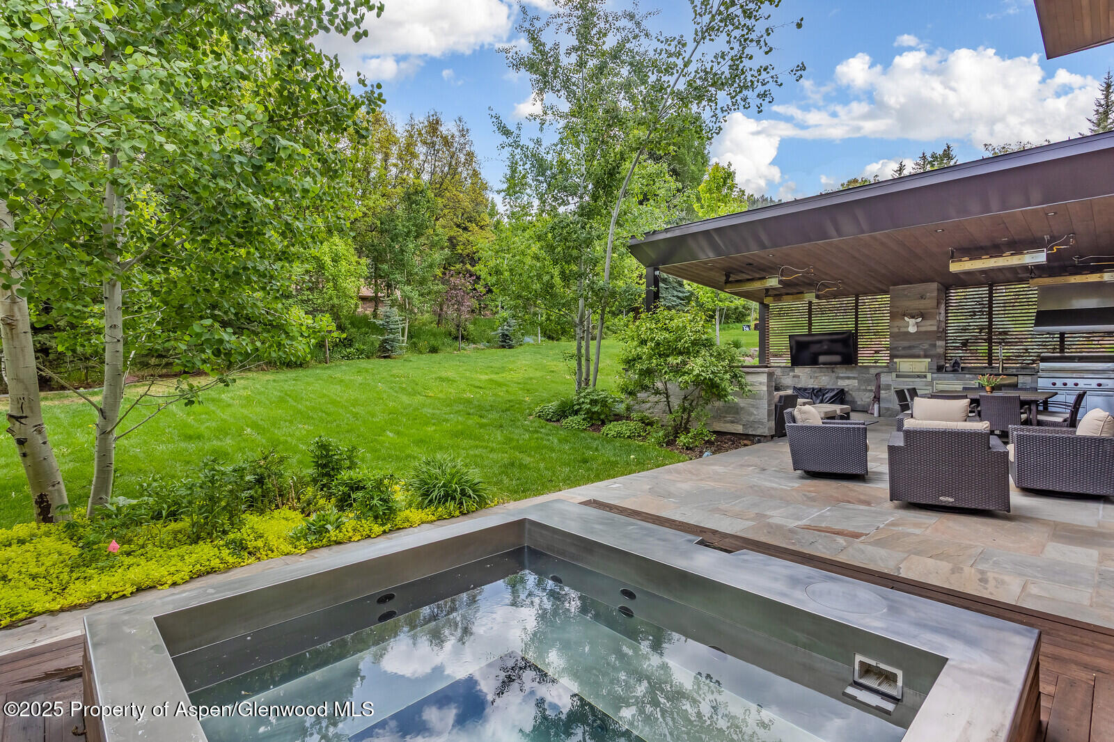 130 Primrose Path Aspen, CO 81611 - Photo 71 of 94 a view of a patio with table and chairs potted plants with wooden floor and fence