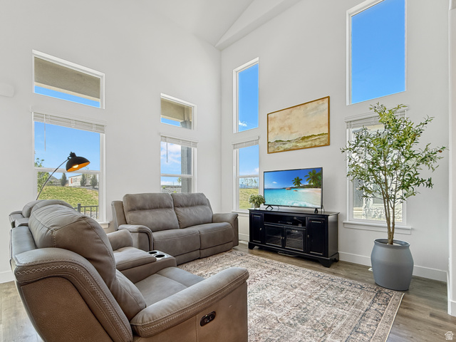 641 Desert Willow Drive Mapleton, UT 84664 - Photo 6 of 41 Living area with a high ceiling and wood finished floors