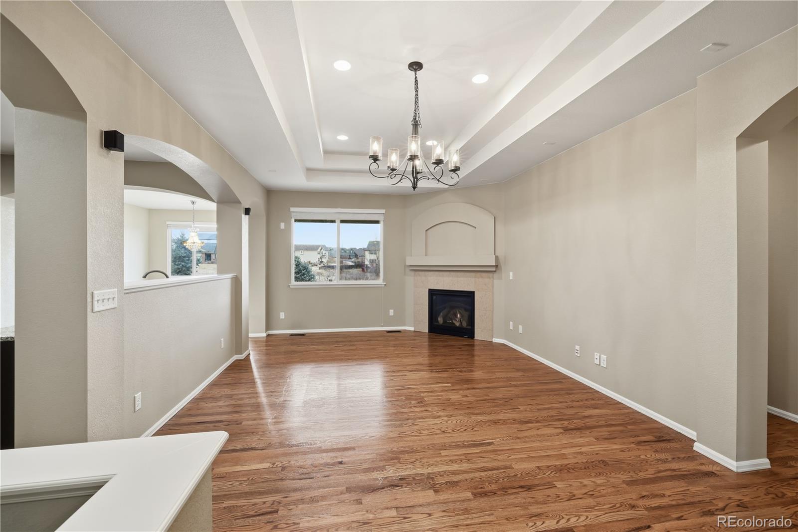 3932 Desert Ridge Circle Castle Rock, CO 80108 - Photo 7 of 49 an empty room with wooden floor fireplace and windows