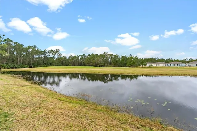 a view of a lake with houses in the back