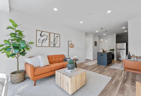 a living room with furniture potted plant and a table