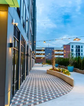 an outdoor space with seating