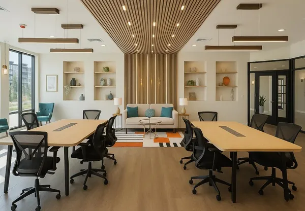 a view of a dining room with furniture