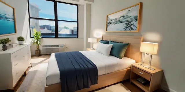 a bedroom with a bed and a painting on the wall