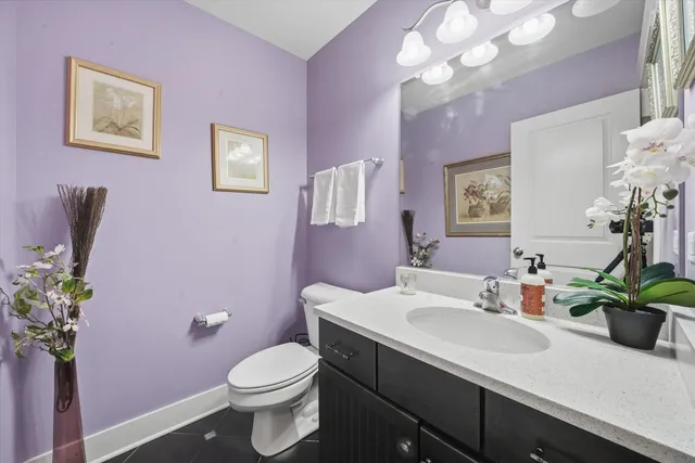 a bathroom with a sink vanity and toilet