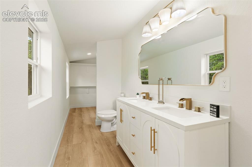 11665 Greentree Road Colorado Springs, CO 80908 - Photo 22 of 43 Full bath with light wood finished floors, double vanity, lofted ceiling, a walk in closet, and recessed lighting