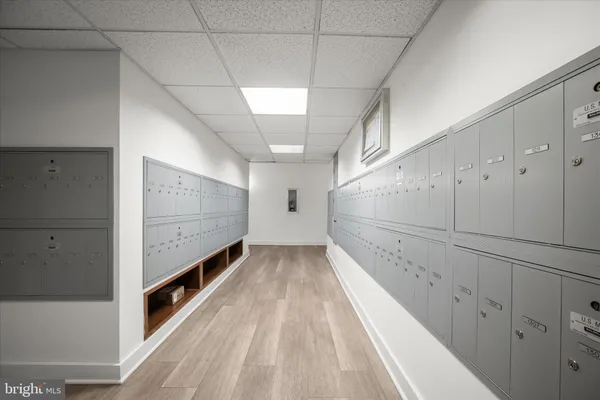 a view of a room with racks on the wall