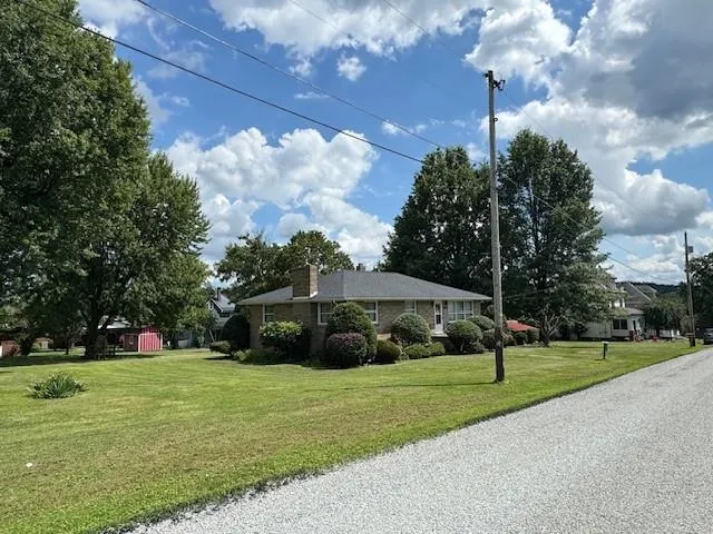 a view of a park with large trees
