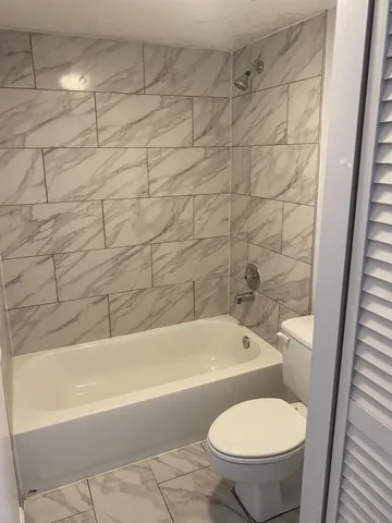 a bathroom with a toilet and a bath tub