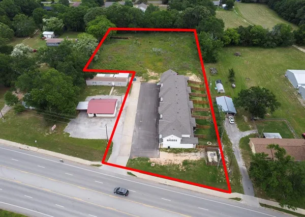 an aerial view of a pool