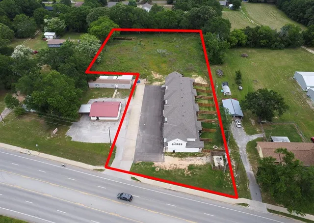 an aerial view of a pool