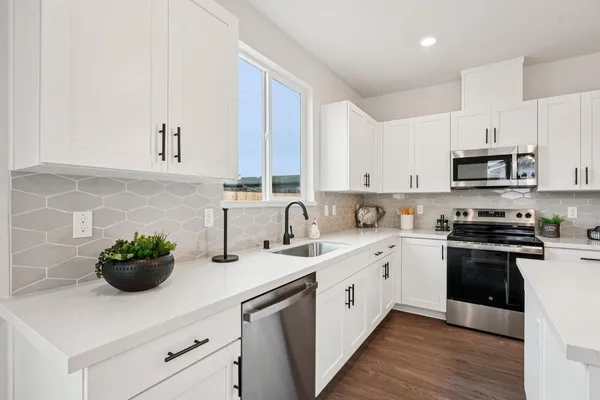 a kitchen with stainless steel appliances a sink a white counter top space cabinets and a potted plant