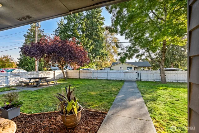 a front view of a garden with plants and trees