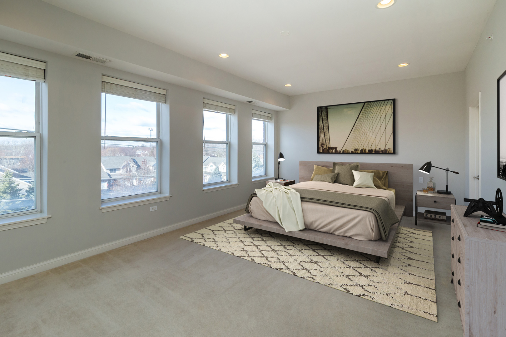 77 North Quentin Road, Unit 402 Palatine, IL 60067 - Photo 5 of 20 a bedroom with a bed and glass windows