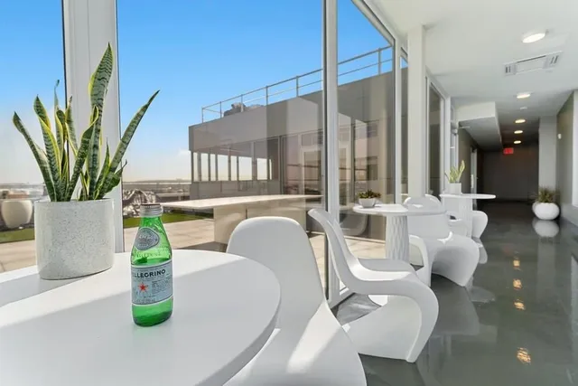 a living room with patio furniture and a potted plant