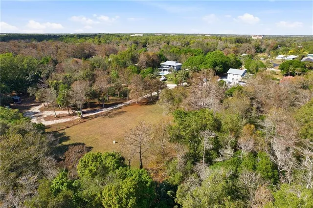 an aerial view of residential houses with outdoor space and trees