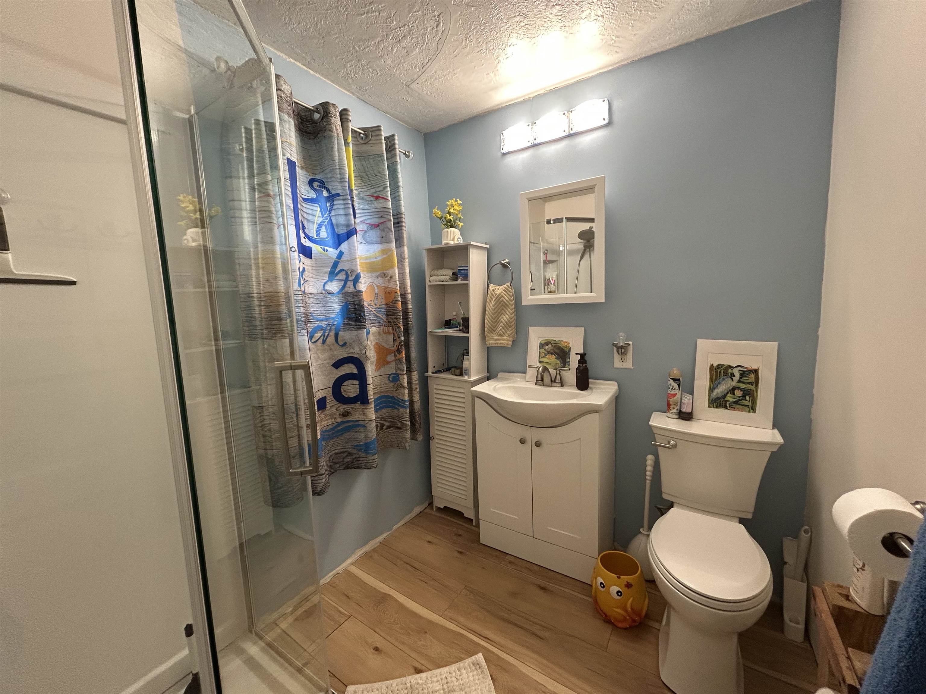 910 North 20th Street Superior, WI 54880 - Photo 15 of 39 Full bath featuring a textured ceiling, vanity, a shower stall, and light wood-style flooring