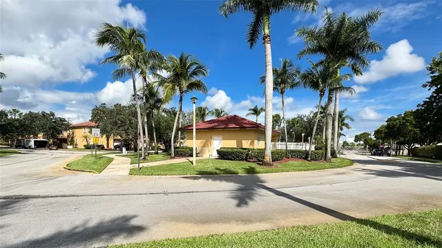 a view of a yard with palm trees