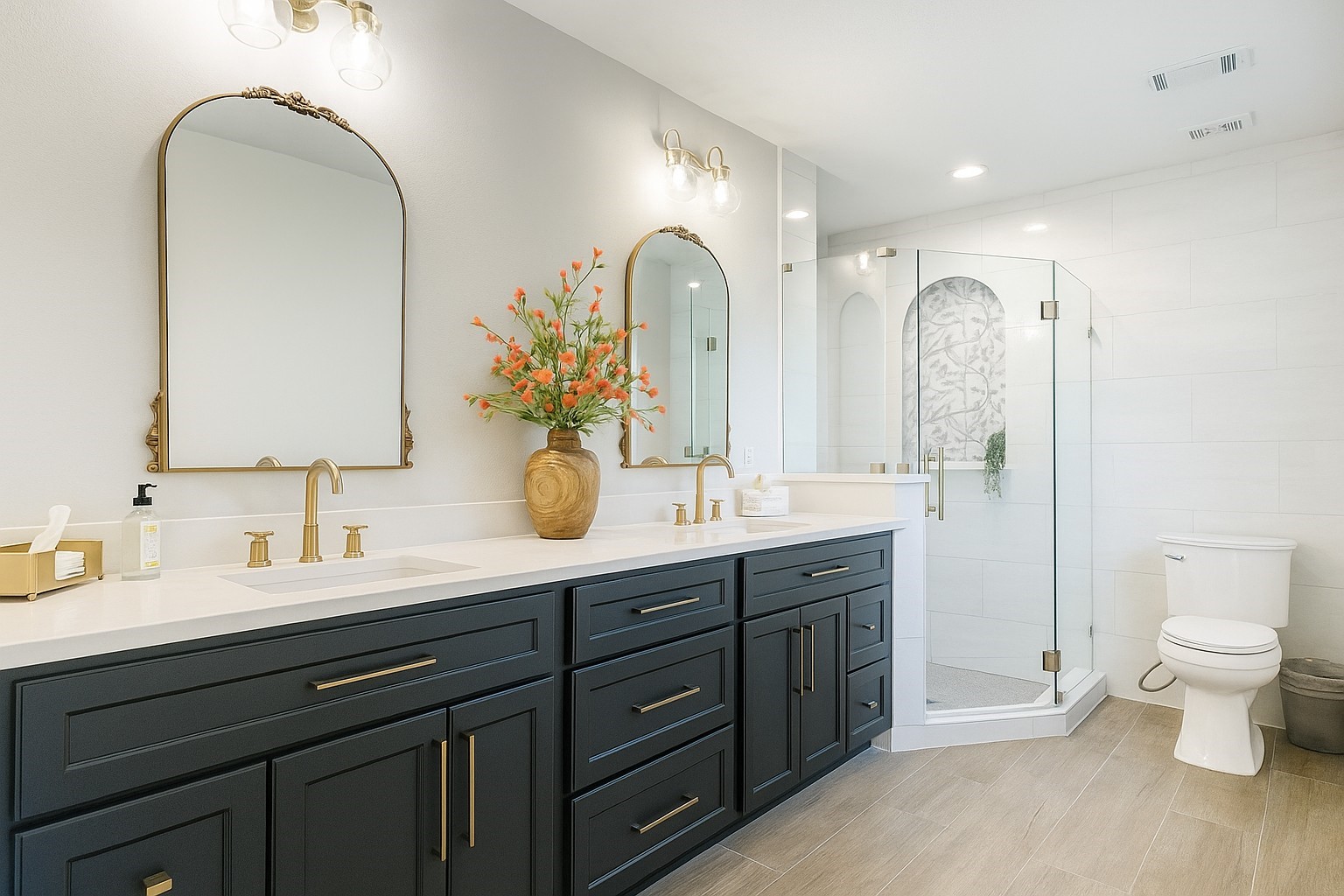 211 Garden West Conroe, TX 77304 - Photo 22 of 35 The primary bath has dual sinks and the shower has body sprays and a wand, a hidden bench and shampoo niche.