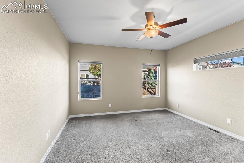 6208 Ashmore Road Colorado Springs, CO 80927 - Photo 23 of 50 Spare room with plenty of natural light, carpet floors, a textured wall, and a ceiling fan