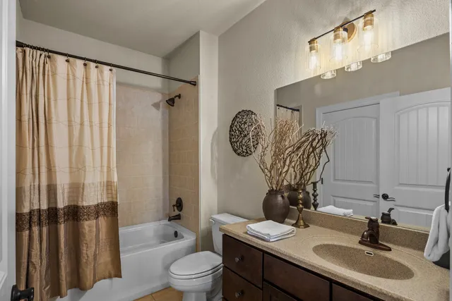 a bathroom with a sink a toilet and shower curtain