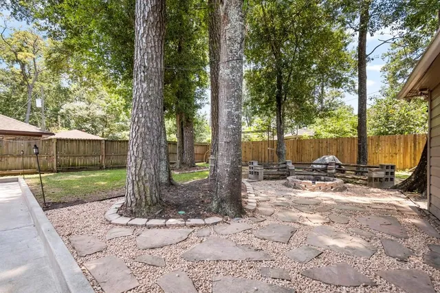 a view of a backyard with a tree