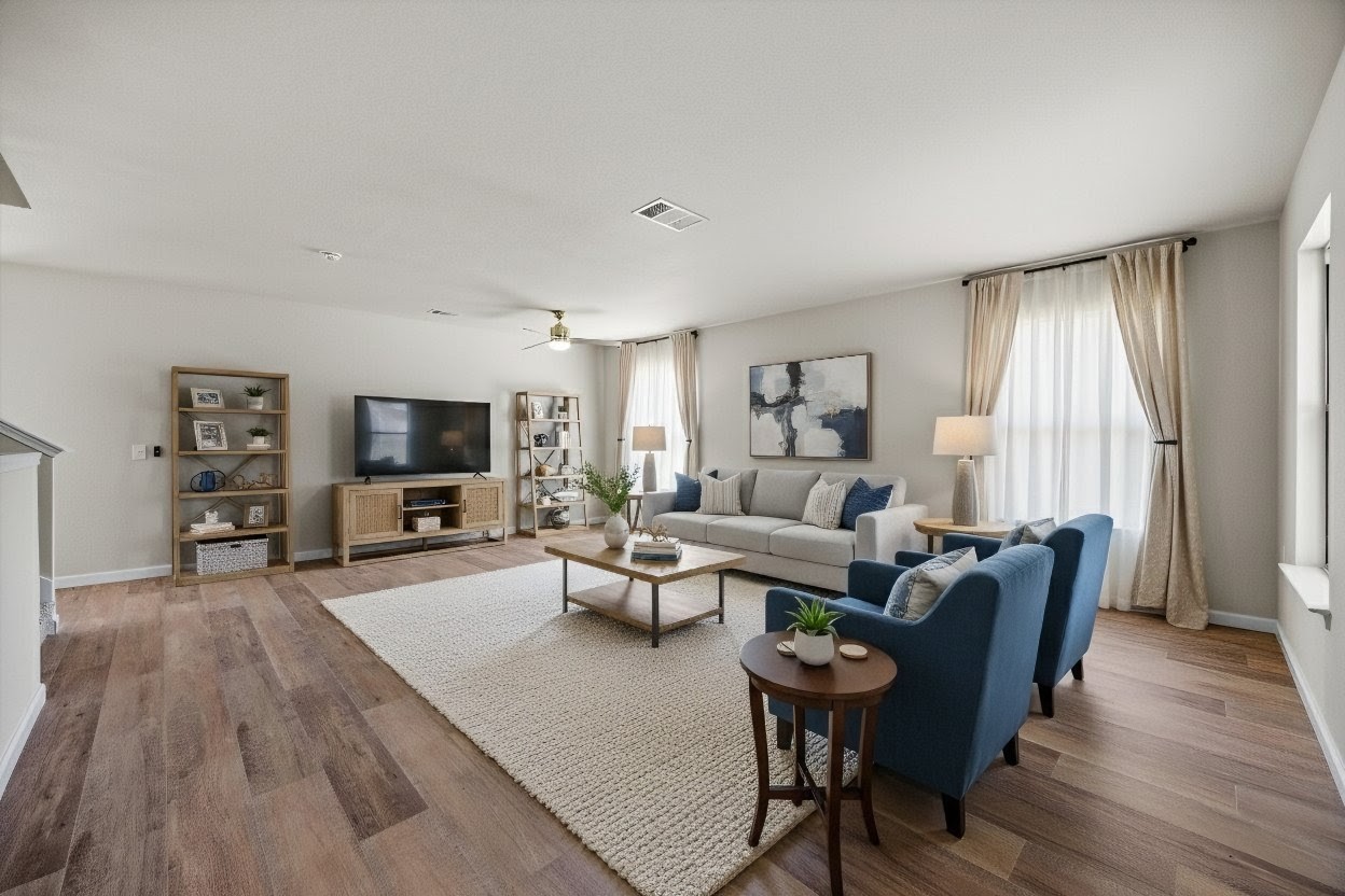 7541 Redrick Drive Austin, TX 78747 - Photo 2 of 40 a living room with furniture a large window and a flat screen tv