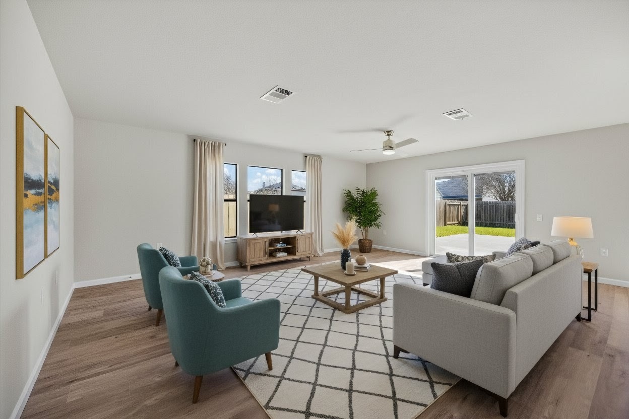 7541 Redrick Drive Austin, TX 78747 - Photo 5 of 40 a living room with furniture a flat screen tv and a large window