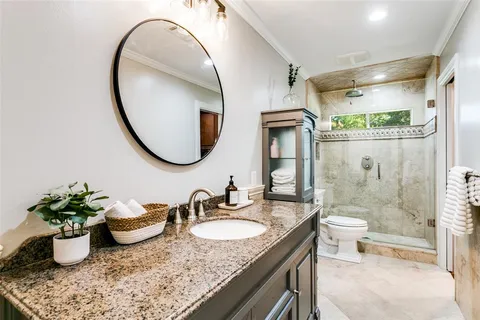 a bathroom with a granite countertop sink a mirror and a shower