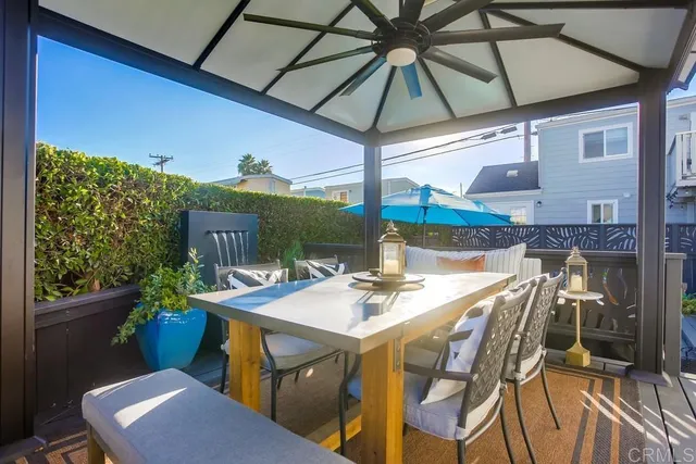 a view of a patio with a table and chairs
