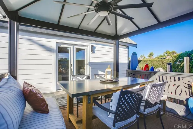 a backyard of a house with table and chairs