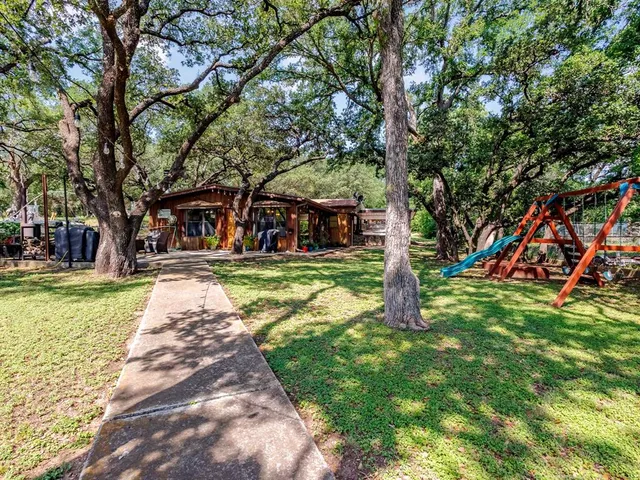 a view of a yard with plants and trees