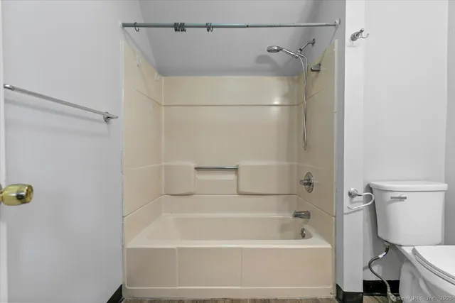 a bathroom with a bathtub and a toilet