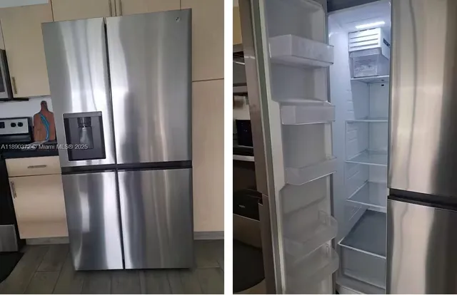 a kitchen with stainless steel appliances a refrigerator sink and microwave