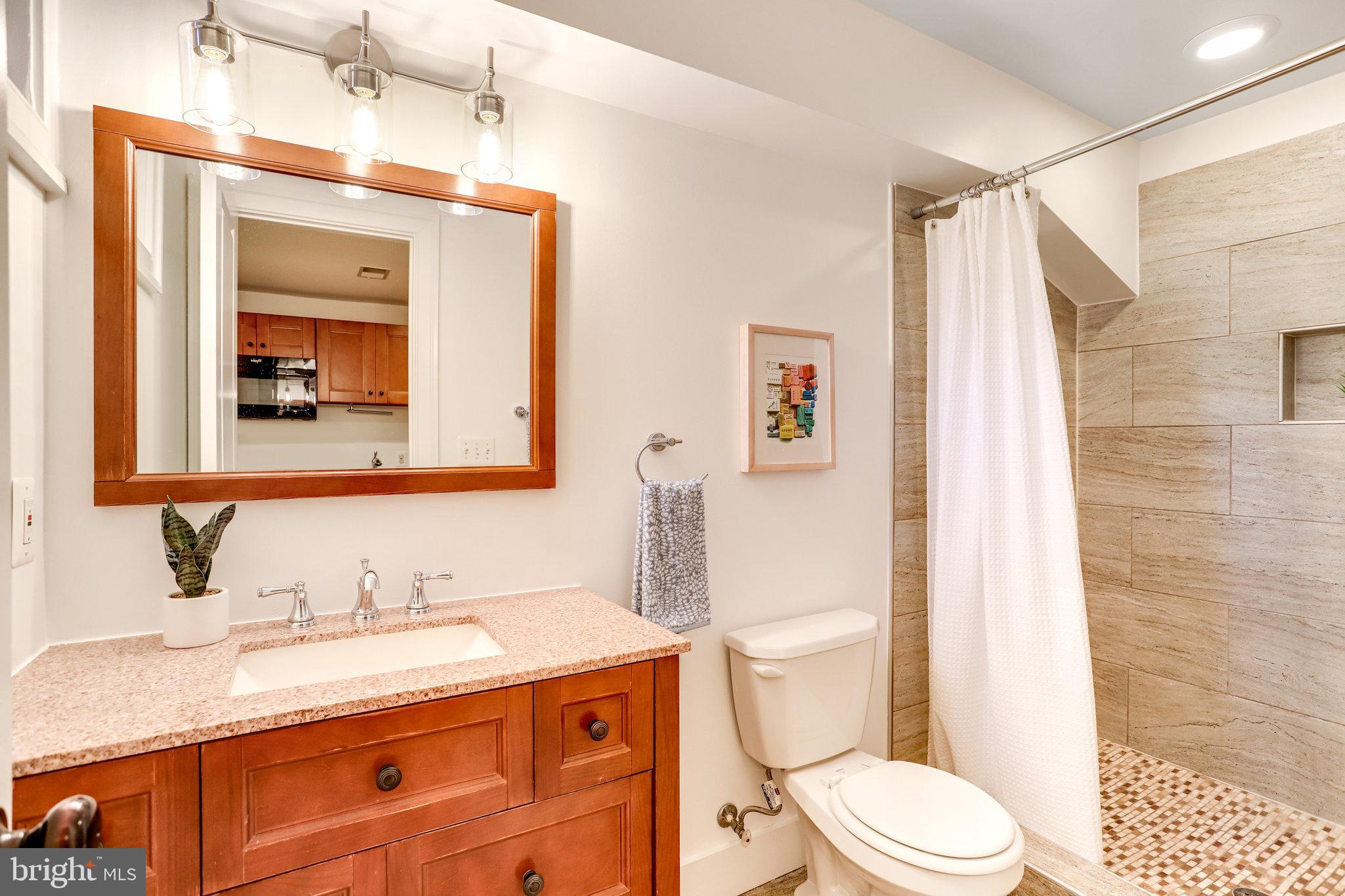 1304 E Street Northeast Washington, DC 20002 - Photo 32 of 42 a bathroom with a granite countertop sink mirror vanity and toilet