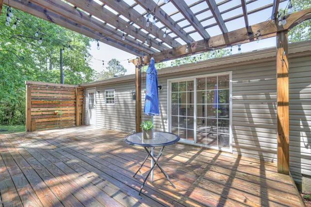 a porch with seating space