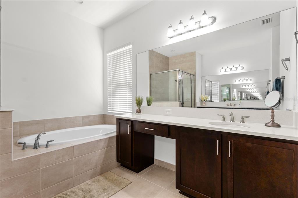 32558 Tree Of Life Avenue Wesley Chapel, FL 33543 - Photo 16 of 73 a bathroom with a tub a double vanity sink and a large mirror