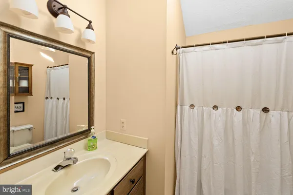 a bathroom with a toilet sink vanity tub and mirror